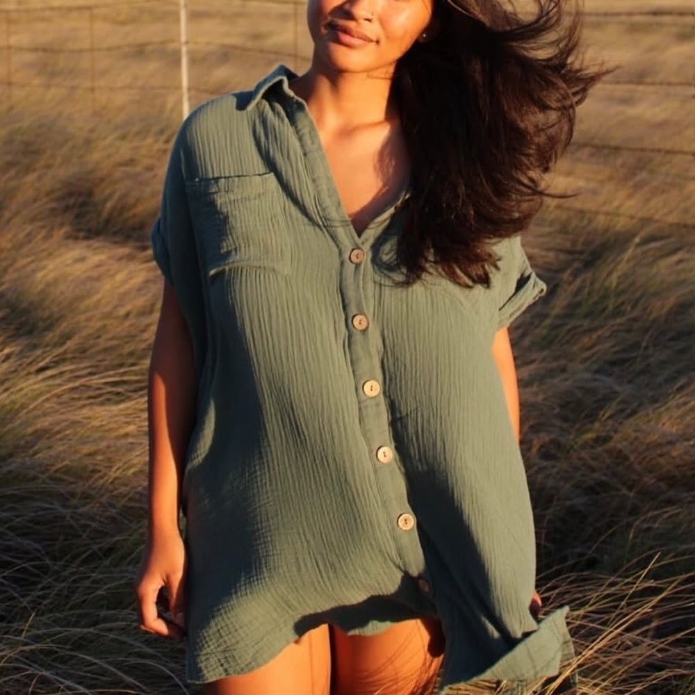 100% Cotton Gauze Button Down Collared Dress with Pockets